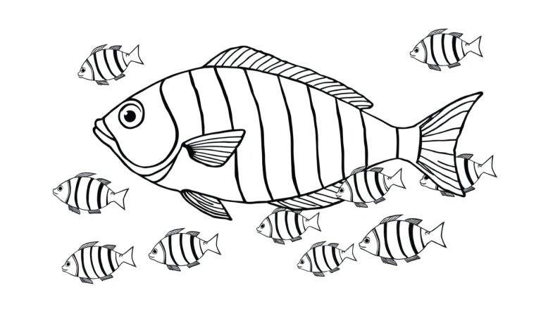 Zwart-wit illustratie van een grote gestreepte vis zwemmend naar links, met ongeveer elf kleinere gestreepte vissen eromheen in verschillende richtingen. De achtergrond is leeg.