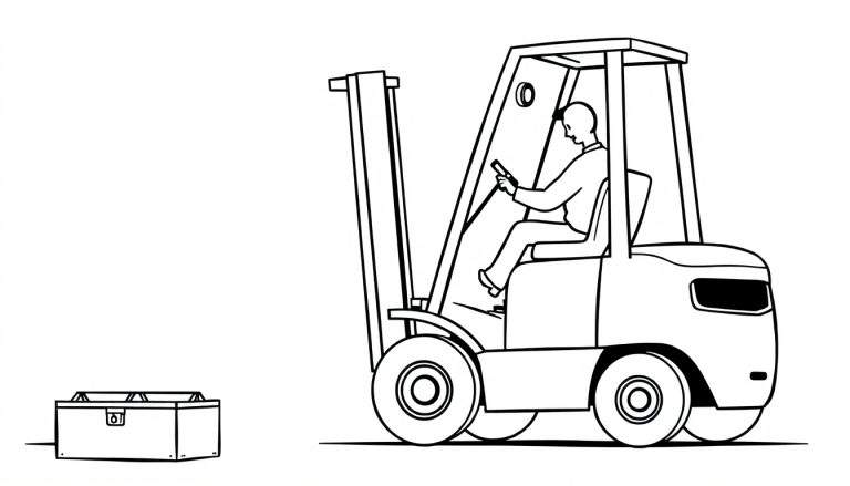 Zwart-wit lijntekening van een heftruck met een bestuurder, die naast een houten kist staat op een eenvoudige grondlijn.