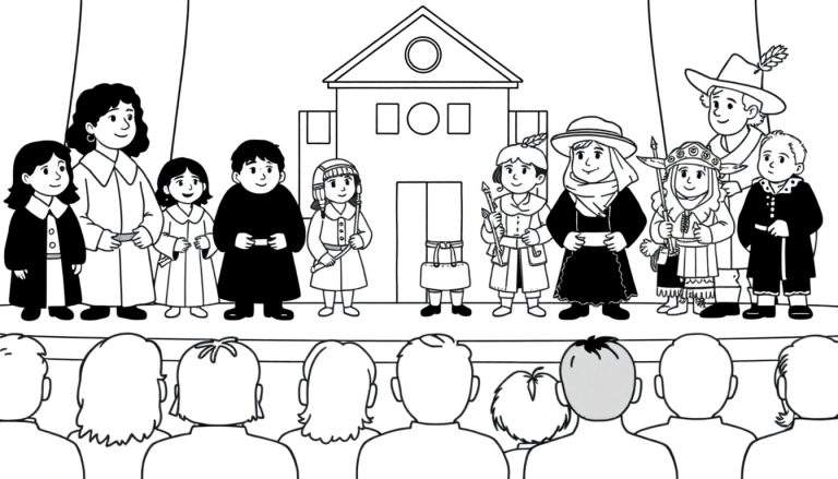 Zwart-wit kleurplaat van een podiumvoorstelling met mensen in historische kostuums en kijkend publiek.