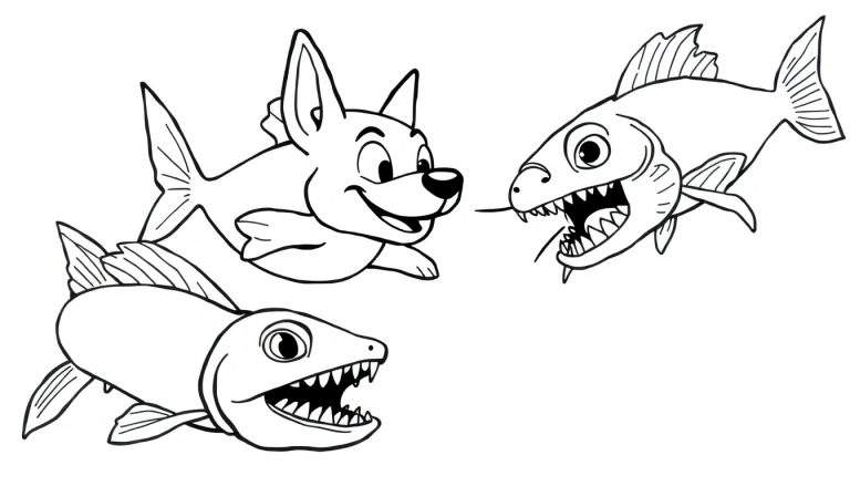 Kleurplaat van een lachende hond met twee vissen met scherpe tanden.
