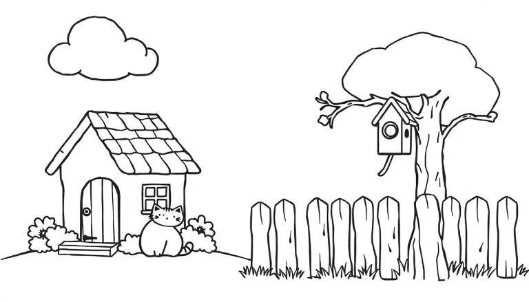 Zwart-wit kleurplaat van een charmant huisje met dakpannen, een boogdeur, een raam, struiken, een kat, een grote boom met een vogelhuisje en een houten hek met gras.