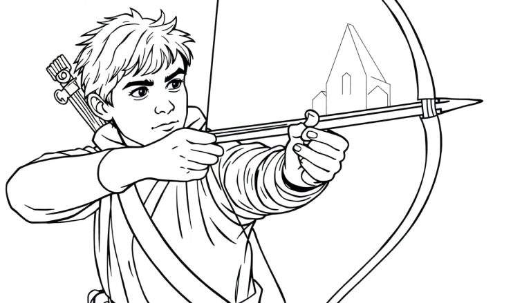 Zwart-wit lijntekening van een jonge man die een pijl en boog spant, met pijlkoker op zijn rug en gebouwen op de achtergrond.