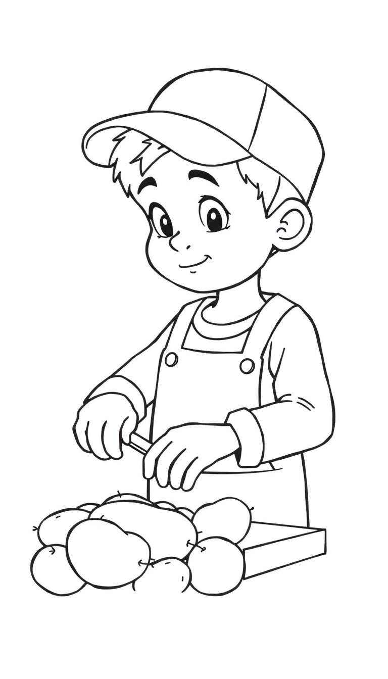 Een jongen in cartoonstijl met een pet en tuinbroek, lachend terwijl hij met een schilmesje aardappelen voorbereidt op een snijplank.