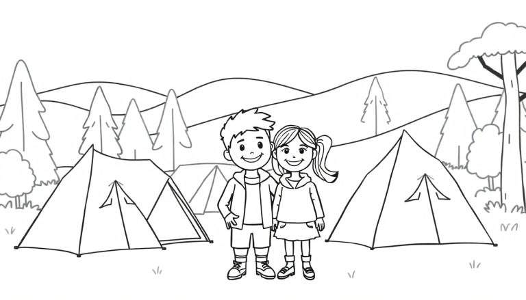 Zwart-wit lijntekening kleurplaat: Een jongen en een meisje glimlachen blij op een kampeerterrein, met tenten, bomen en heuvels op de achtergrond.