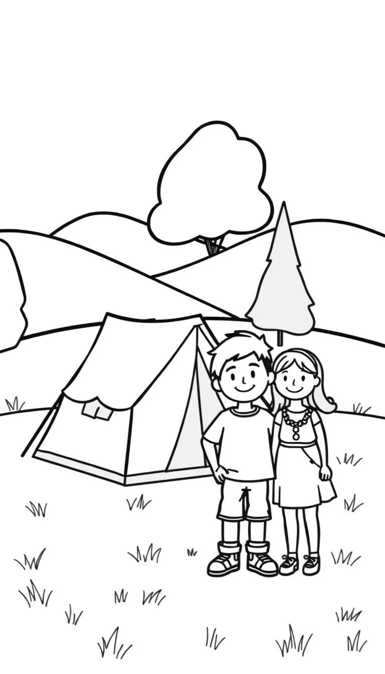 Zwart-wit tekening van een kampeerscene met een jongen en een meisje die lachen, een tent, glooiende heuvels, bomen en gras.