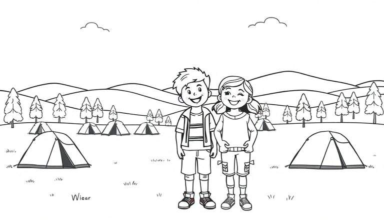 Zwart-wit kleurplaat met twee lachende kinderen, een jongen en een meisje, omringd door kampeertenten en naaldbomen in een natuurlijke omgeving met heuvels op de achtergrond.