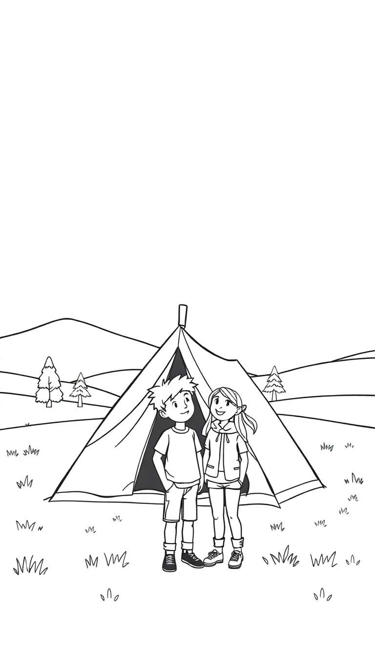 Zwart-wit kleurplaat met twee lachende kinderen, een jongen en een meisje, die voor een kampeertent staan. Achtergrond met heuvels en bomen.