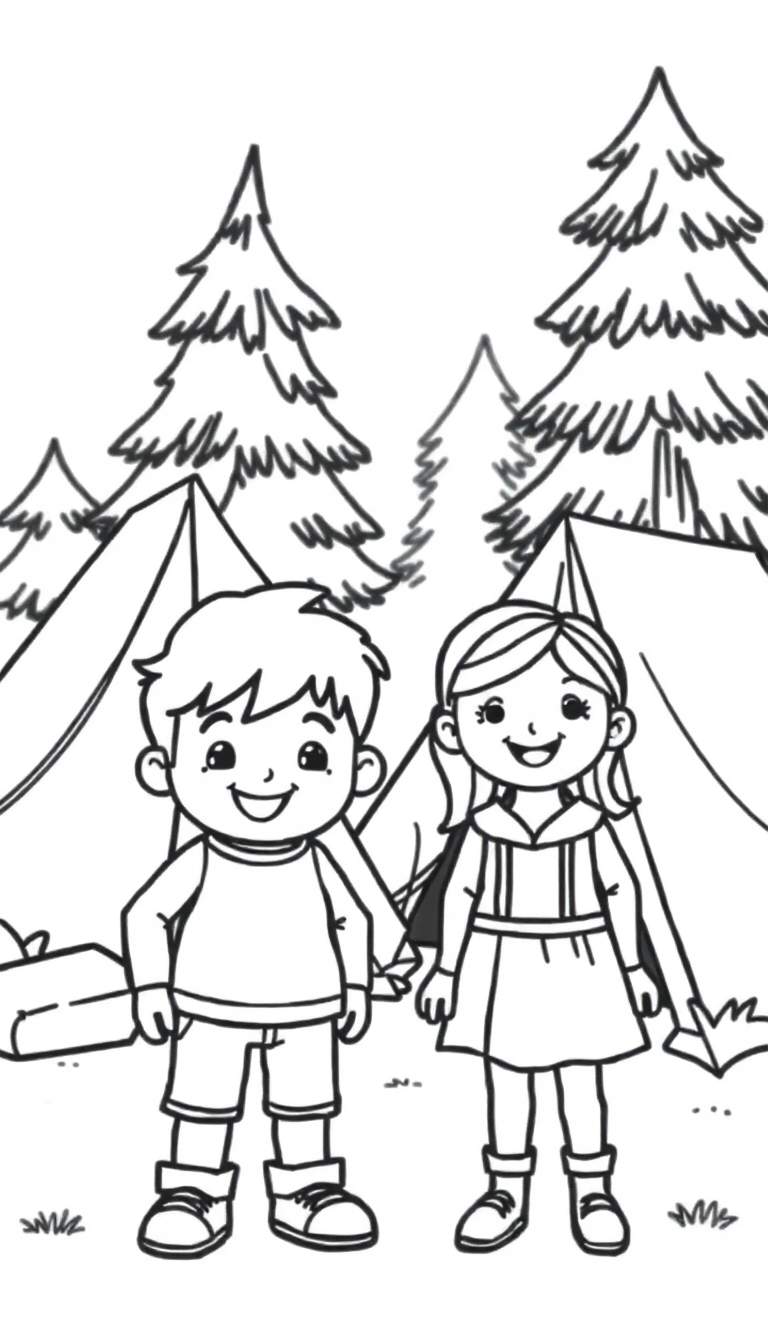 Zwart-wit lijntekening van een jongen en een meisje die blij kamperen in een bos met tenten en dennenbomen.