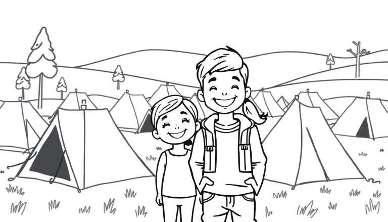 Een illustratie van een lachende kat die tussen kleurrijke bloemen zit, klaar om ingekleurd te worden.