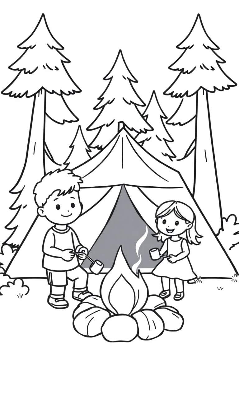 Zwart-wit kleurplaat van een jongen en een meisje die marshmallows roosteren boven een kampvuur, met een tent en bomen op de achtergrond. Beide kinderen lachen vrolijk.