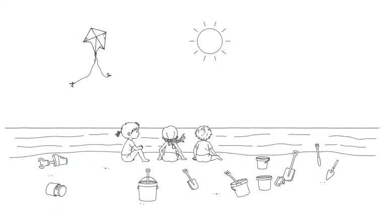 Kleurplaat van drie kinderen zittend op het strand, kijkend naar de zee, met emmers en schepjes om hen heen.