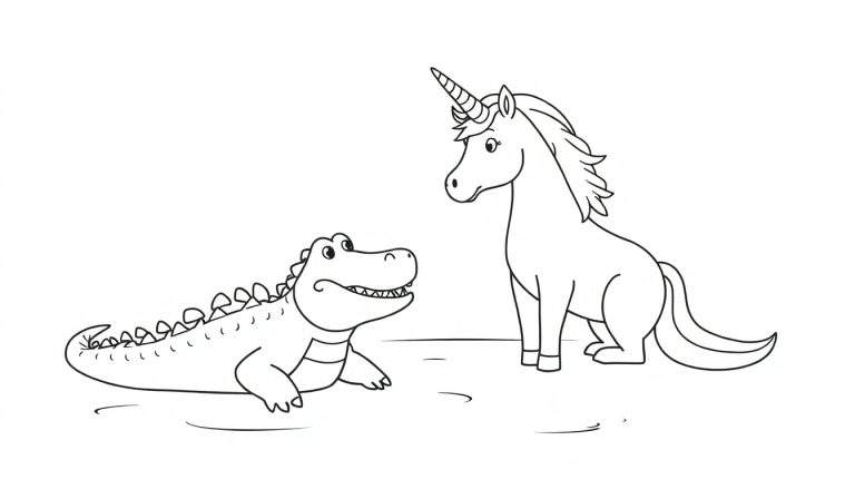 Kleurplaat van een cartoon krokodil met een glimlach en een eenhoorn met een hoorn, die elkaar aankijken.