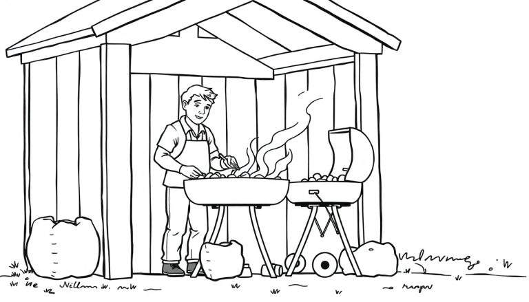 Zwart-wit kleurplaat van een man die met een tang eten omdraait op een barbecue onder een houten afdak.