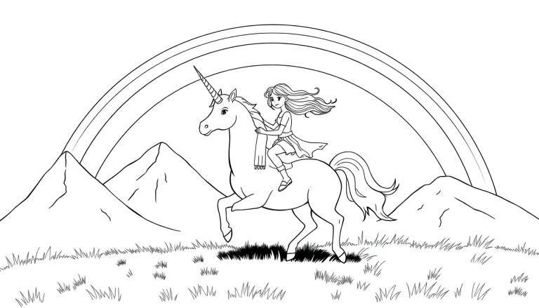 Zwart-wit lijntekening van een meisje met wapperend haar op een galopperende eenhoorn, met een regenboog boven bergen en gras op de achtergrond.