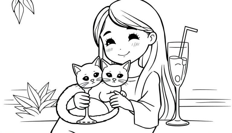 Kleurplaat van een meisje met lang haar dat twee katten knuffelt, met een glas met een drankje en ijsblokjes ernaast, omringd door bladeren.