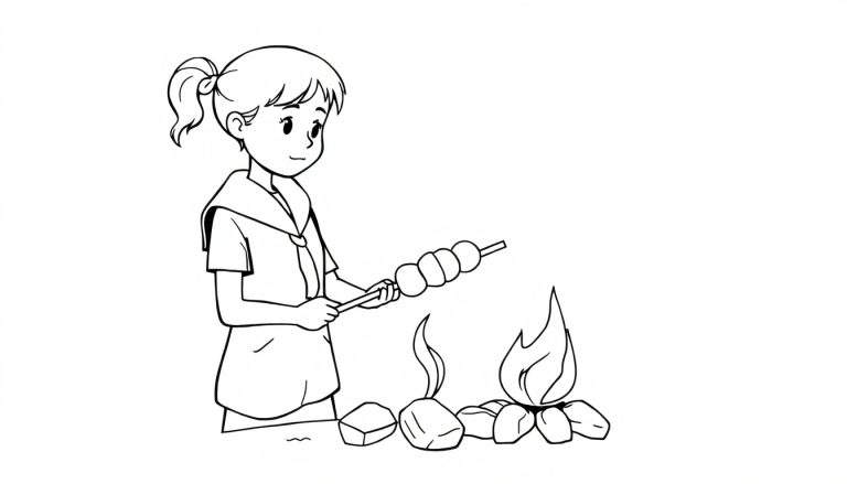 Zwart-wit tekening van een meisje met een staartje en een zeemanskraag, die met een stok vol marshmallows boven een klein kampvuur staat te roosteren. Ze kijkt met een vriendelijke glimlach naar het vuur.