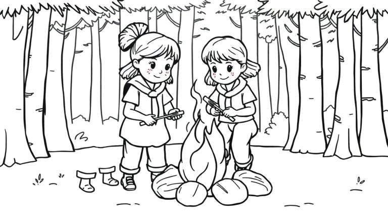 Zwart-wit lijntekening van twee vrolijke meisjes die worstjes roosteren boven een kampvuur in een bos, met hoge bomen op de achtergrond en losse laarzen op de voorgrond.