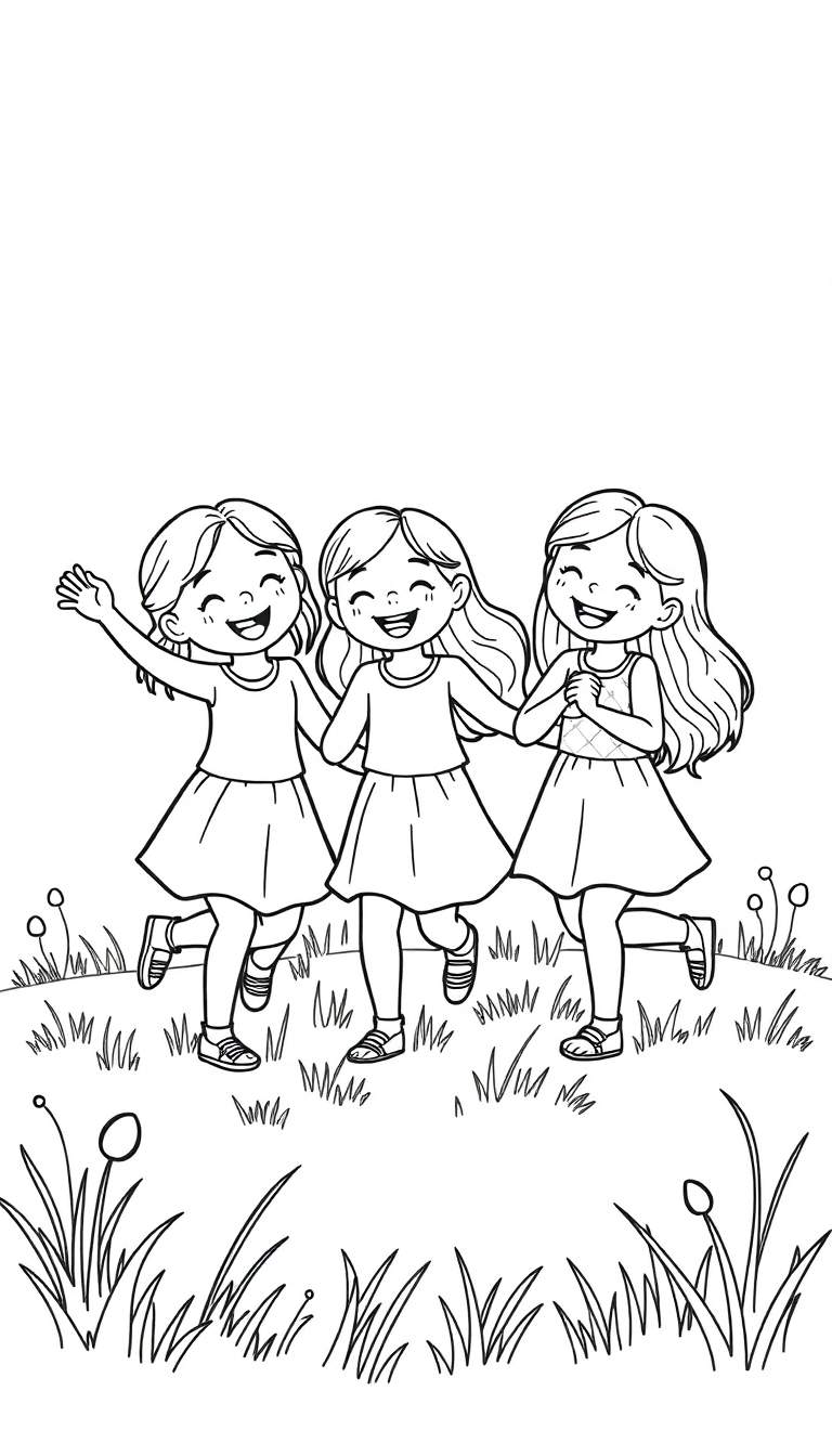 Zwart-wit lijntekening van drie lachende jonge meisjes die samen door het gras rennen. Het meisje links zwaait, het middelste kijkt vooruit, en het meisje rechts heeft haar handen voor haar borst.