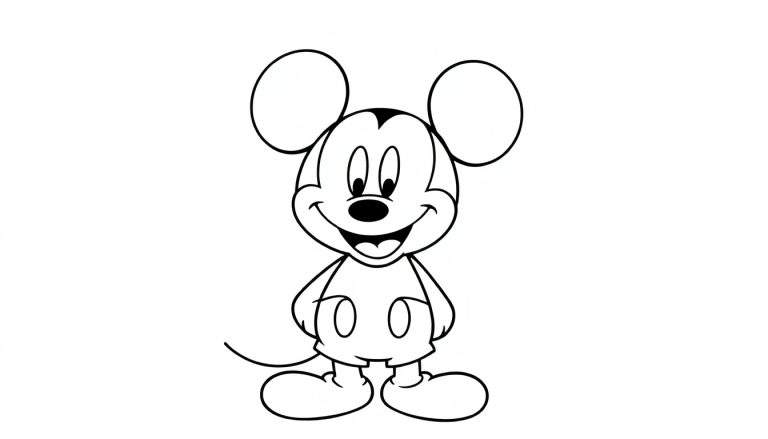 Lachende Mickey Mouse in lijntekening voor kleurplaat