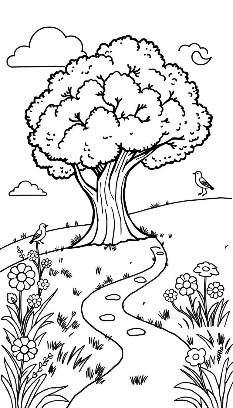 Zwart-wit kleurplaat van een natuurlandschap met een grote boom, bloemen, vogels en een pad.