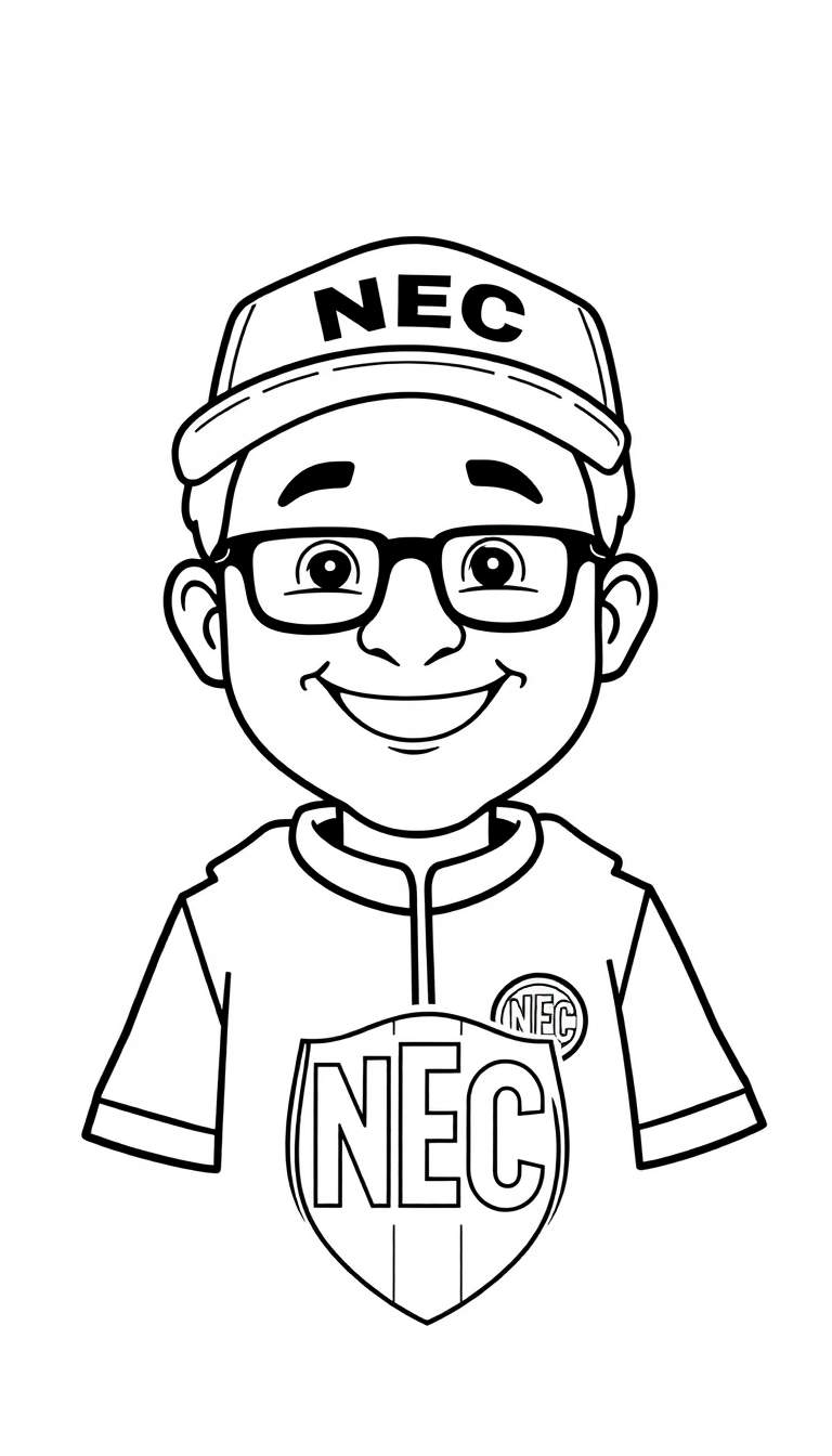 Kleurplaat van een lachende man met NEC baseballpet, bril en shirt met NEC logo's.