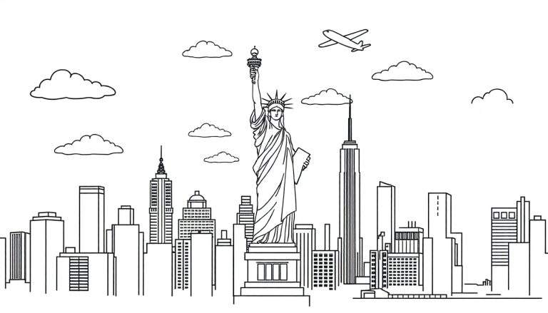 Zwart-wit lijntekening van de skyline van New York City met het Vrijheidsbeeld, wolkenkrabbers, wolken en een vliegtuig.