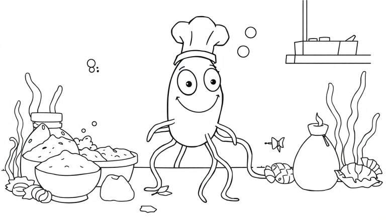 Zwart-wit tekening van een lachende octopus met koksmuts in een onderwaterkeuken, omringd door keukenattributen en onderwaterleven.