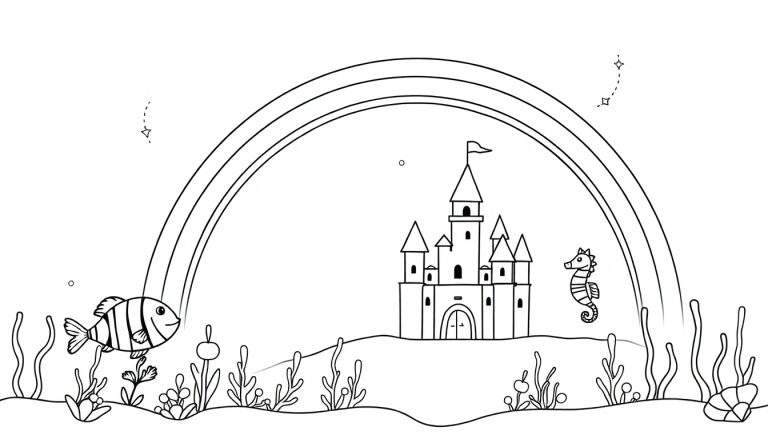 Zwart-wit kleurplaat van een onderwaterlandschap met een sprookjeskasteel, een regenboog, een vrolijke vis, een zeepaardje, waterplanten, zeewier, bubbels en sterretjes.