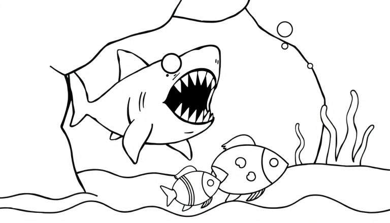Zwart-wit kleurplaat van een grote haai met scherpe tanden en opengesperde bek, zwemmend in een onderwaterwereld met twee kleine, gestippelde vissen, rotsen, zeewier en luchtbellen.