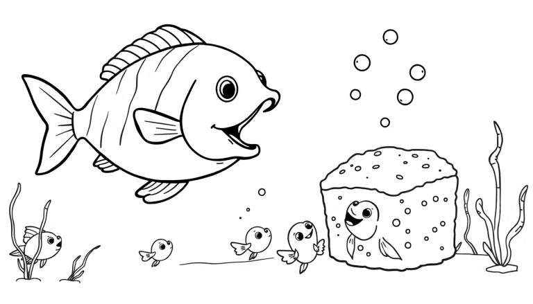 Zwart-wit kleurplaat van een onderwaterwereld met een grote vis linksboven die kijkt naar vijf kleine, ronde visjes. Een van de kleine visjes steekt zijn hoofd uit een blok met gaatjes. Waterplanten en luchtbellen vullen de scene.