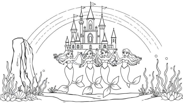 Kleurplaat van een onderwaterwereld met een sprookjeskasteel aan de hemel, vier lachende zeemeerminnen die hand in hand dansen, rotsen, divers zeewier, schelpen en luchtbellen.