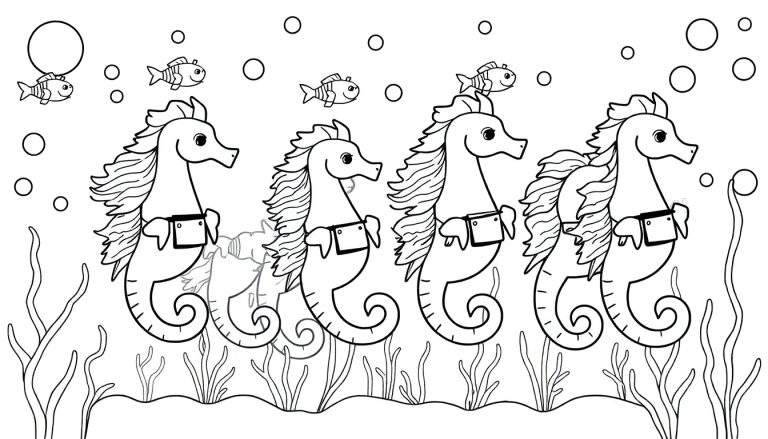 Kleurplaat van een onderwaterlandschap met vier zeepaardjes met tasjes op de zeebodem, gestreepte vissen die rondzwemmen, vele bubbels en zeegras. Een plastic fles is vaag zichtbaar op de achtergrond.