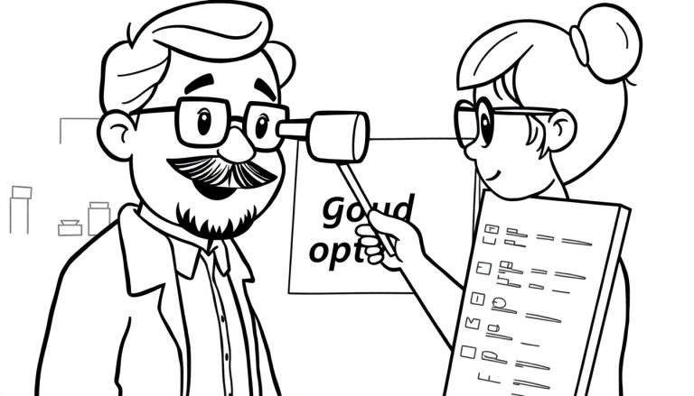 Illustratie van een optieksessie, waarbij een vrouwelijke opticien met een bril en een knot een man met een bril, snor en baard onderzoekt met een retinoscoop-achtig apparaat. Een oogkaart is zichtbaar op een klembord.