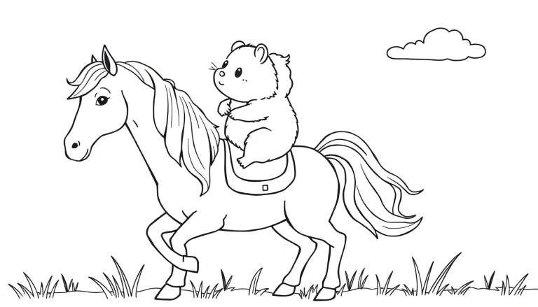 Zwart-witte kleurplaat van een dravend paard met een klein pluizig dier op zijn rug, zittend op een zadel. De grond heeft grasplukjes en er is een wolk in de lucht.