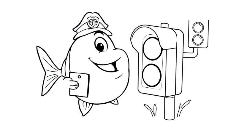 Zwart-wit tekening van een glimlachende politievis die een verkeerslicht vasthoudt aan een klembord.