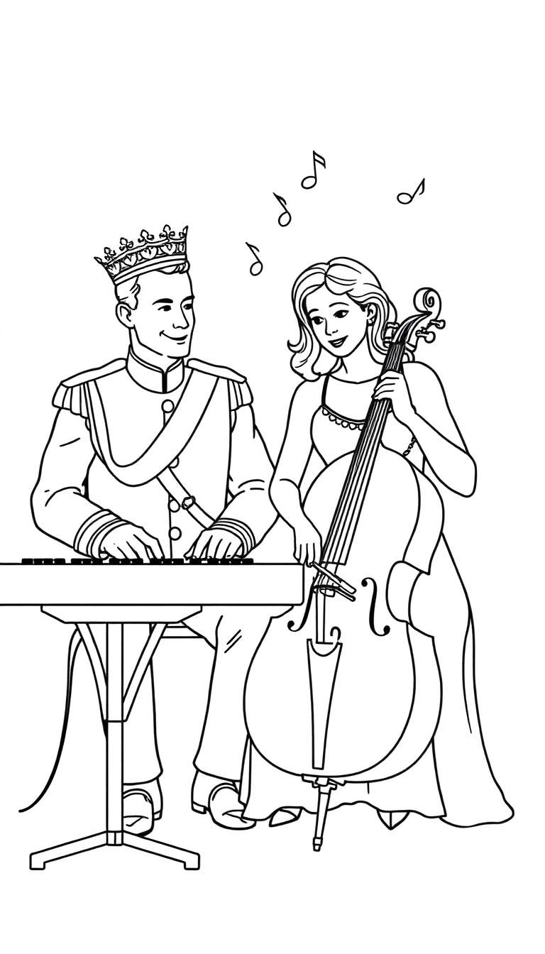 Zwart-wit kleurplaat van een prins die keyboard speelt en een prinses die cello speelt, met muzieknoten erboven.