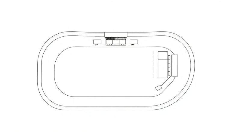 Schematische lijntekening van bovenaf van een racebaan met tribunes en gebouwen.