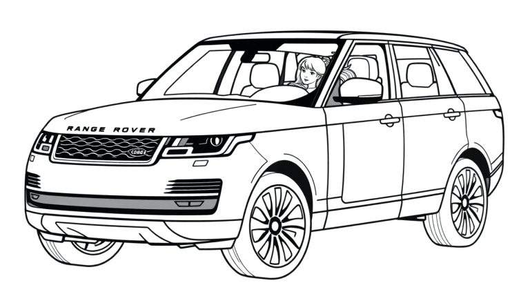 Zwart-wit lijntekening van een Range Rover SUV met een lachende blonde vrouw achter het stuur, klaar om ingekleurd te worden.