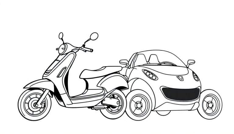 Zwart-wit lijntekening van een kleurplaat waarop een klassieke scooter en een klein, compact autootje met open dak naast elkaar staan.