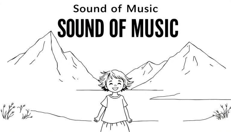 Zwart-wit lijntekening van een lachend meisje met kort haar, staand in een weide met Alpenbergen op de achtergrond, met bovenaan 'Sound of Music' geschreven.