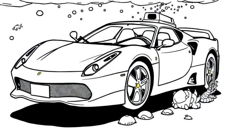 Gedetailleerde zwart-wit lijntekening van een rode sportauto, vergelijkbaar met een Ferrari, die op de zeebodem staat. Gele accenten op het logo en de velgen. Omringd door luchtbellen, koraal, schelpen en een zwemmende vis. Het wateroppervlak is zichtbaar aan de bovenkant met golvende lijnen.