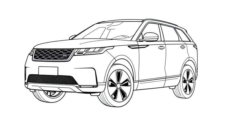 Zwart-wit lijntekening van een Range Rover Velar SUV, gezien vanuit een driekwart vooraanzicht, klaar om ingekleurd te worden.