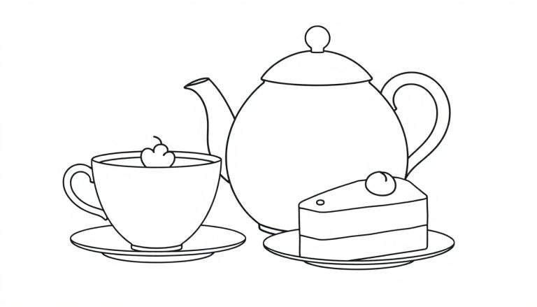 Zwart-wit lijntekening van een theepot, een kopje met een kers en een stuk taart op een bord, ideaal als kleurplaat.