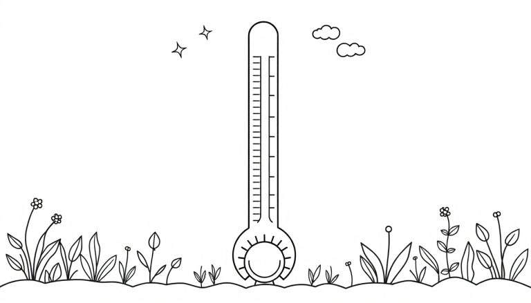 Kleurplaat van een grote verticale thermometer met een zon-symbool aan de onderkant, omringd door bloemen, planten, twee sterretjes en twee wolkjes.