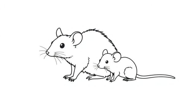 Zwart-wit lijntekening van een grote muis links en een kleine muis rechts, kijkend naar links, klaar om ingekleurd te worden.