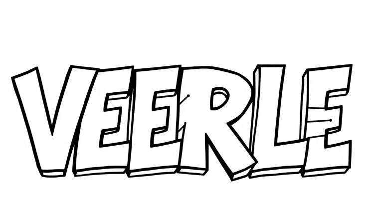Kleurplaat met het woord VEERLE in dikke, 3D graffiti letters met zwarte omtrek op een witte achtergrond.