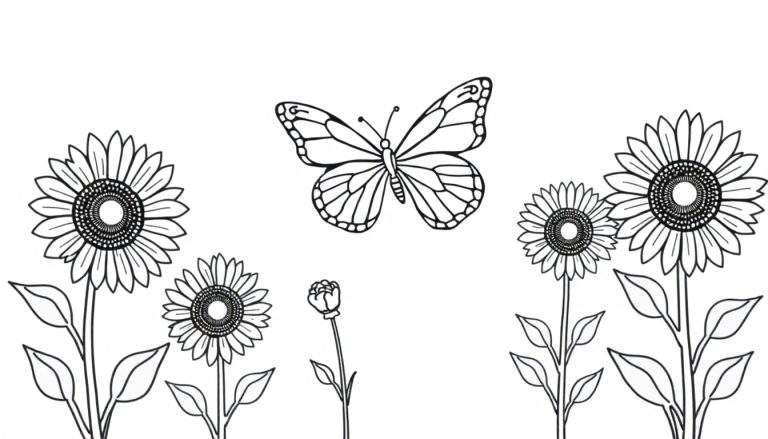 Zwart-wit lijntekening van een vlinder, vier zonnebloemen en een bloemknop, klaar om ingekleurd te worden.