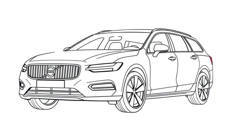 Lijntekening van een Volvo stationwagon, driekwart vooraanzicht, met duidelijke koplampen, grille, dakrails en ramen.
