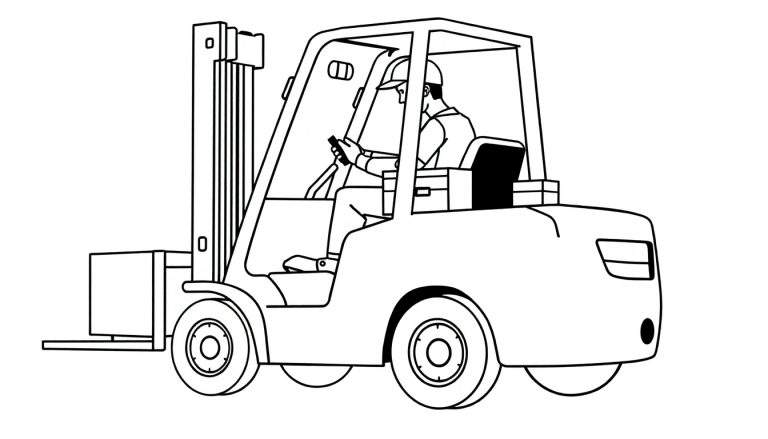 Zwart-wit lijntekening van een vorkheftruck met een bestuurder in de cabine, klaar om ingekleurd te worden.