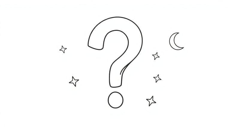 Kleurplaat van een groot, dik omlijnd vraagteken in het midden, omringd door vijf kleine, omlijnde sterren en een kleine halve maan in de rechterbovenhoek, op een witte achtergrond.